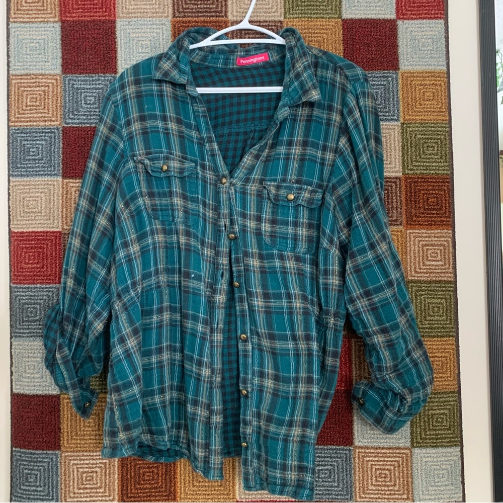 Penningtons Teal Plaid Men's Button-Down Shirt